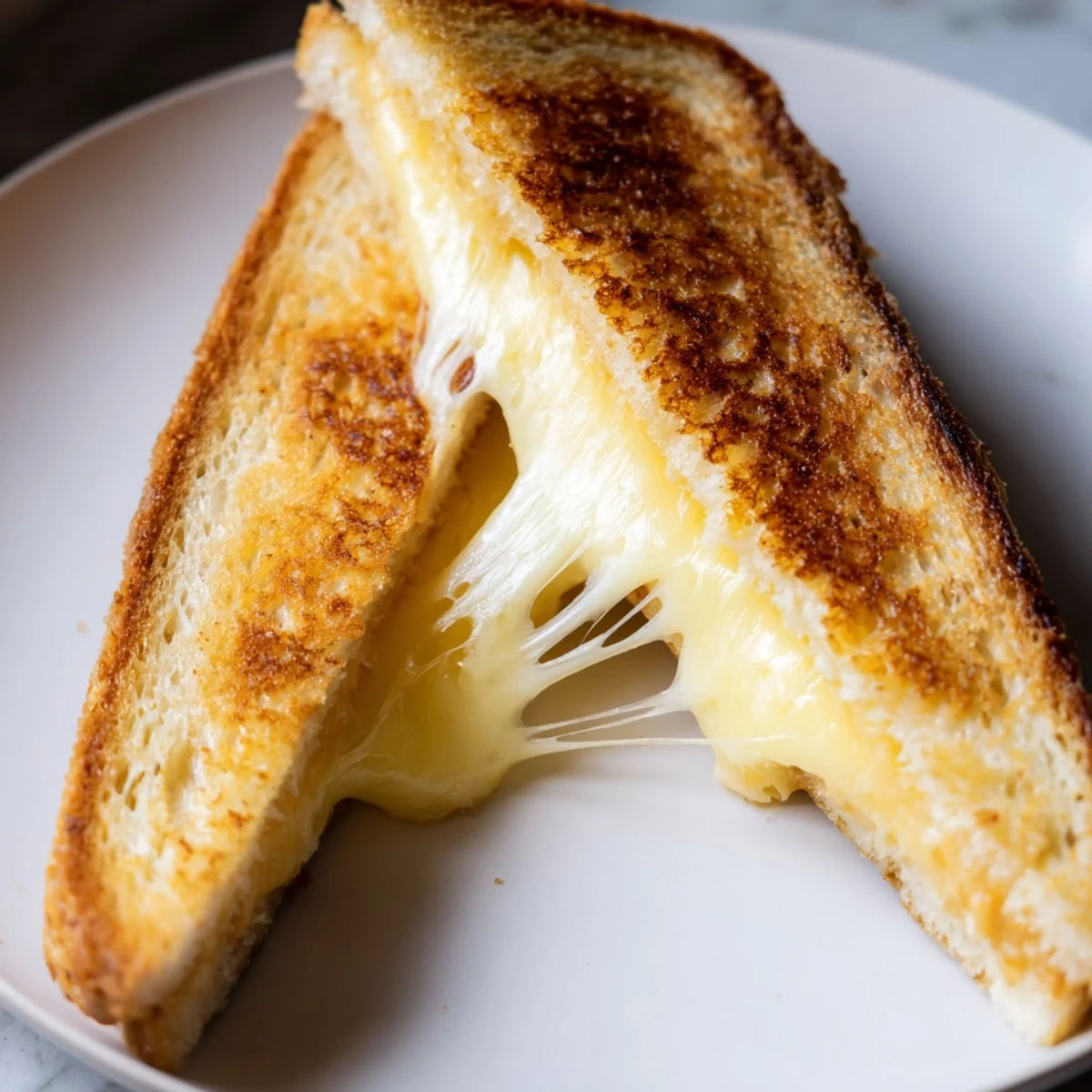 Golden-brown Three-Cheese Grilled Cheese slices revealing a molten blend of mozzarella, cheddar, and provolone inside.