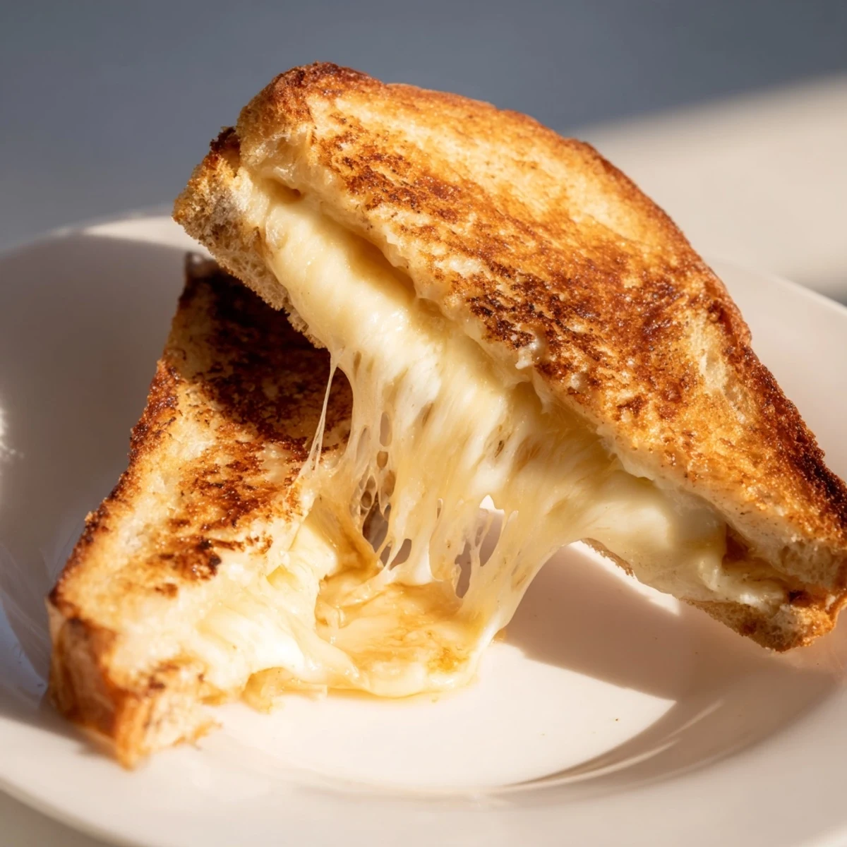 A close-up of a Three-Cheese Grilled Cheese, its crispy crust and gooey cheese filling.