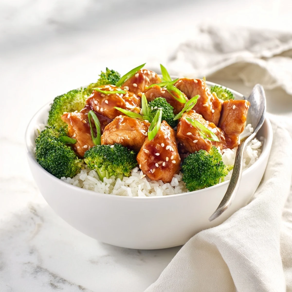 Steamed rice and bright green broccoli topped with sticky sweet chili chicken, finished with sliced scallions for a hearty bowl.