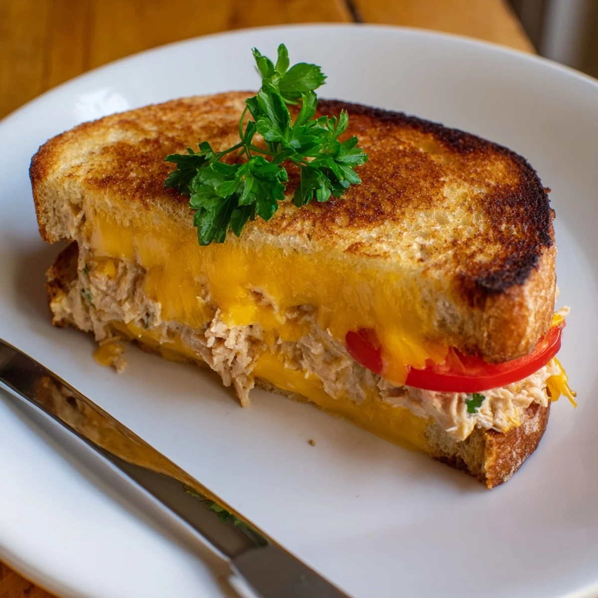A close-up of a golden-brown Spicy Tuna Melt, with melted cheddar cheese oozing from between crispy sourdough slices.