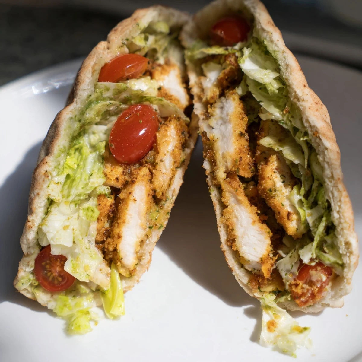 A close-up of golden herbed chicken Caesar pitas, showcasing crunchy panko crust and creamy Caesar dressing.