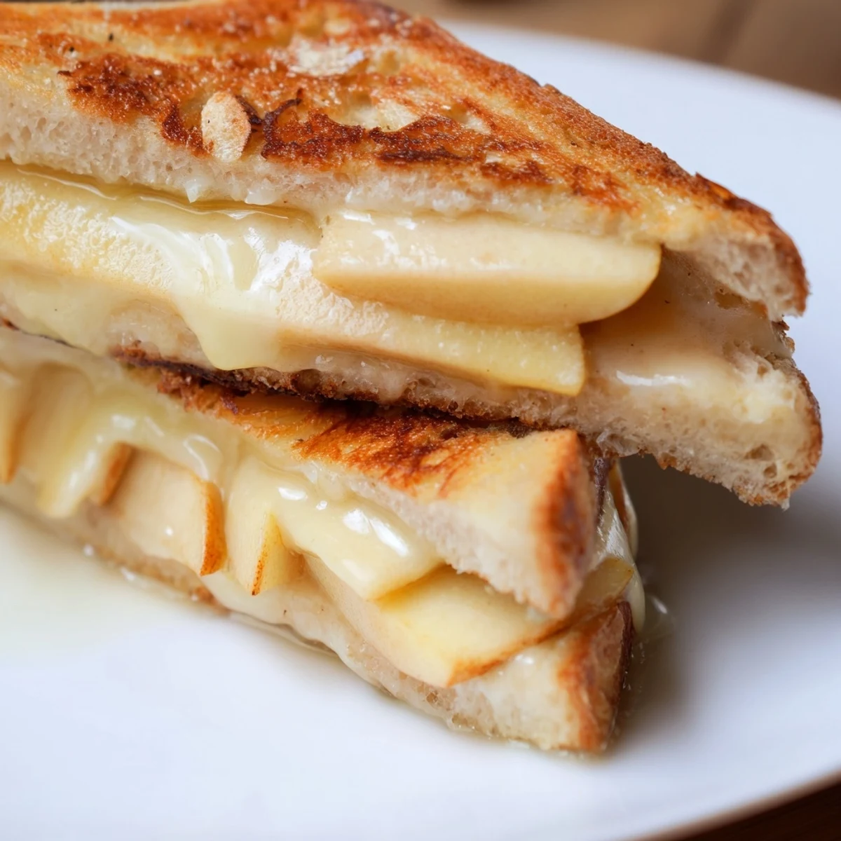 Two warm smoked Gouda and apple grilled cheese halves stacked on a wooden board, perfect for a cozy vegetarian lunch.