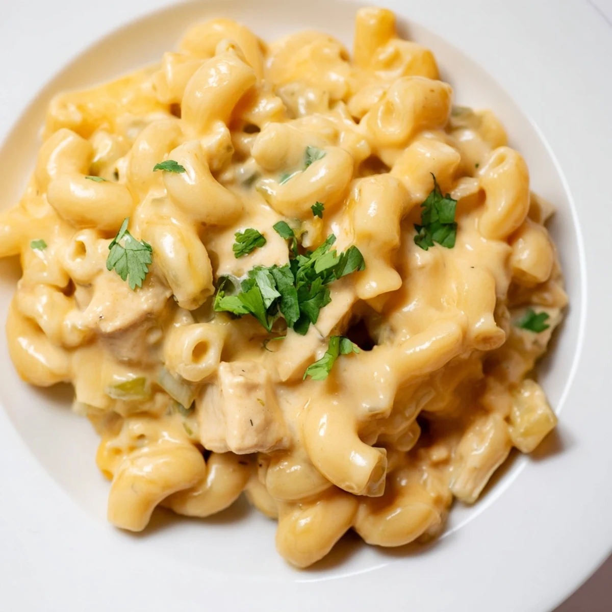 Hearty Green Chili Chicken Mac served hot, featuring tender pasta in a cheesy, Southwestern-inspired sauce with a sprinkle of cilantro.  