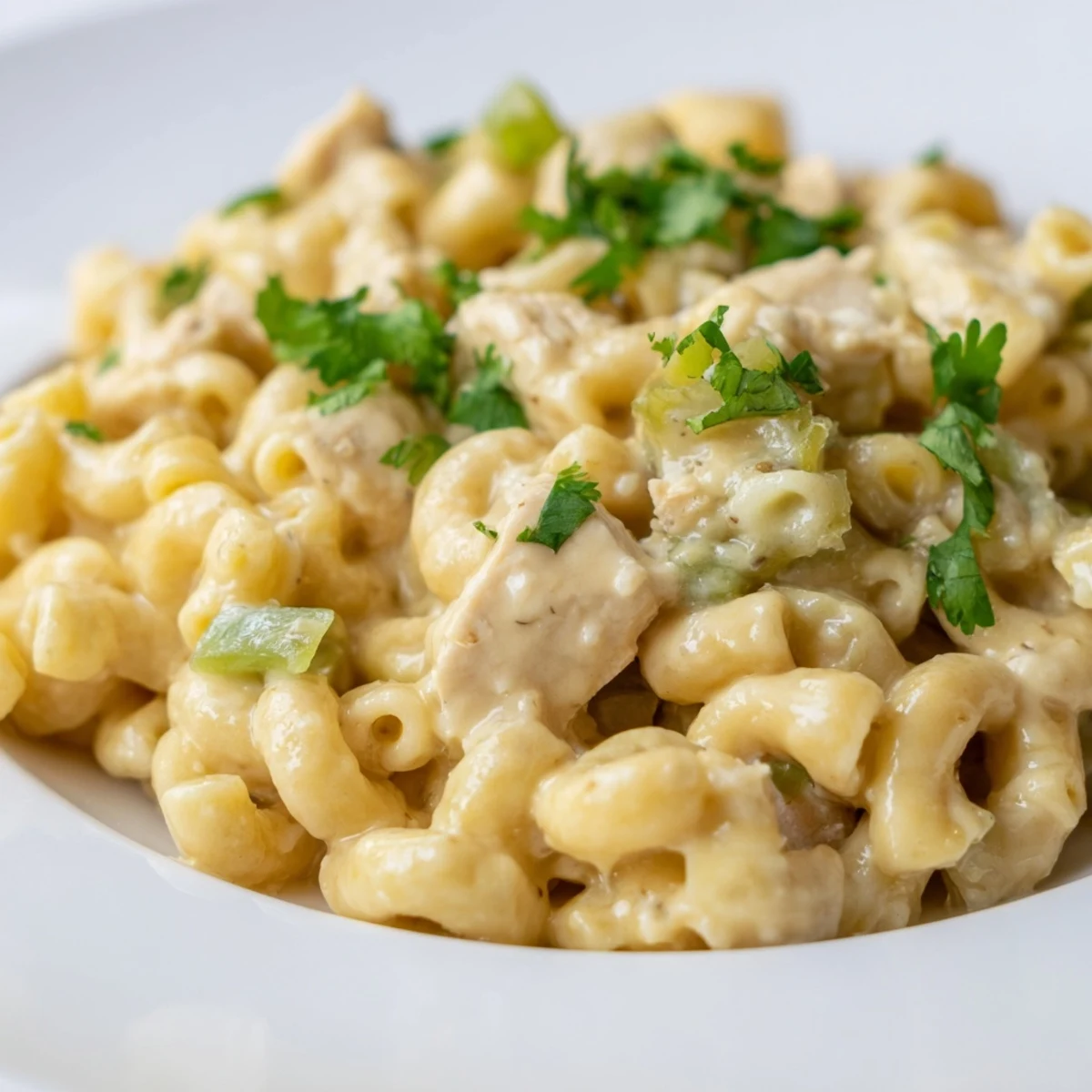 Skillet of creamy Green Chili Chicken Mac with shredded chicken, mild green chiles, and melty Monterey Jack cheese.  