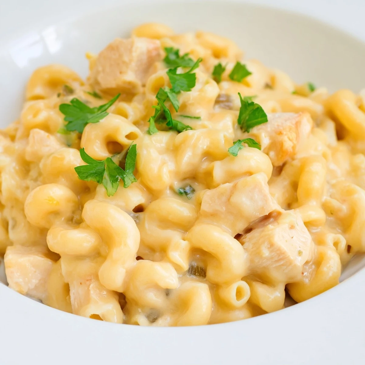Comforting bowl of homemade Green Chili Chicken Mac, showcasing a rich, creamy texture with diced chicken and melted cheddar cheese.
