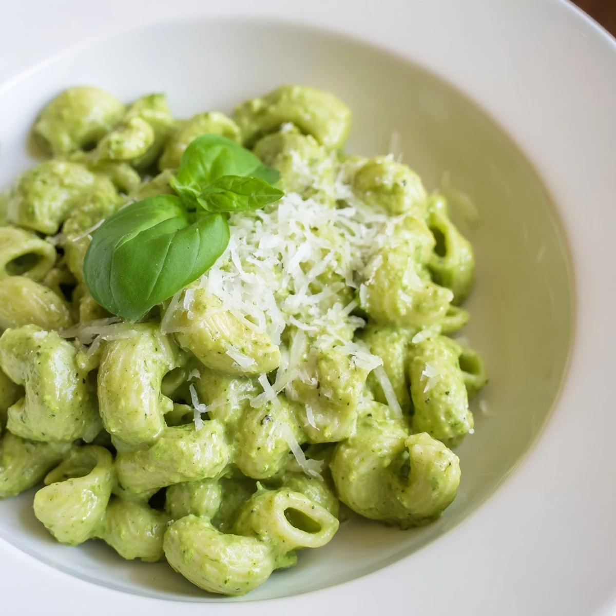 A vibrant forkful of Creamy Avocado Pesto Mac reveals tender macaroni coated in lush, emerald-green sauce.  