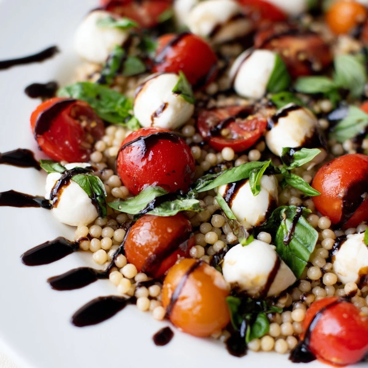 A vibrant Caprese Couscous Salad with tender pearled couscous, juicy cherry tomatoes, and creamy mozzarella balls, all tossed in a tangy balsamic glaze.