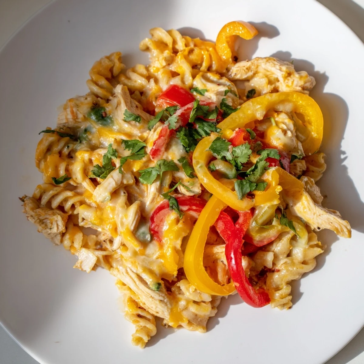 Steam rises from a hot skillet of Fajita Chicken Pasta, featuring tender chicken strips, colorful bell peppers, and melted cheese sauce.