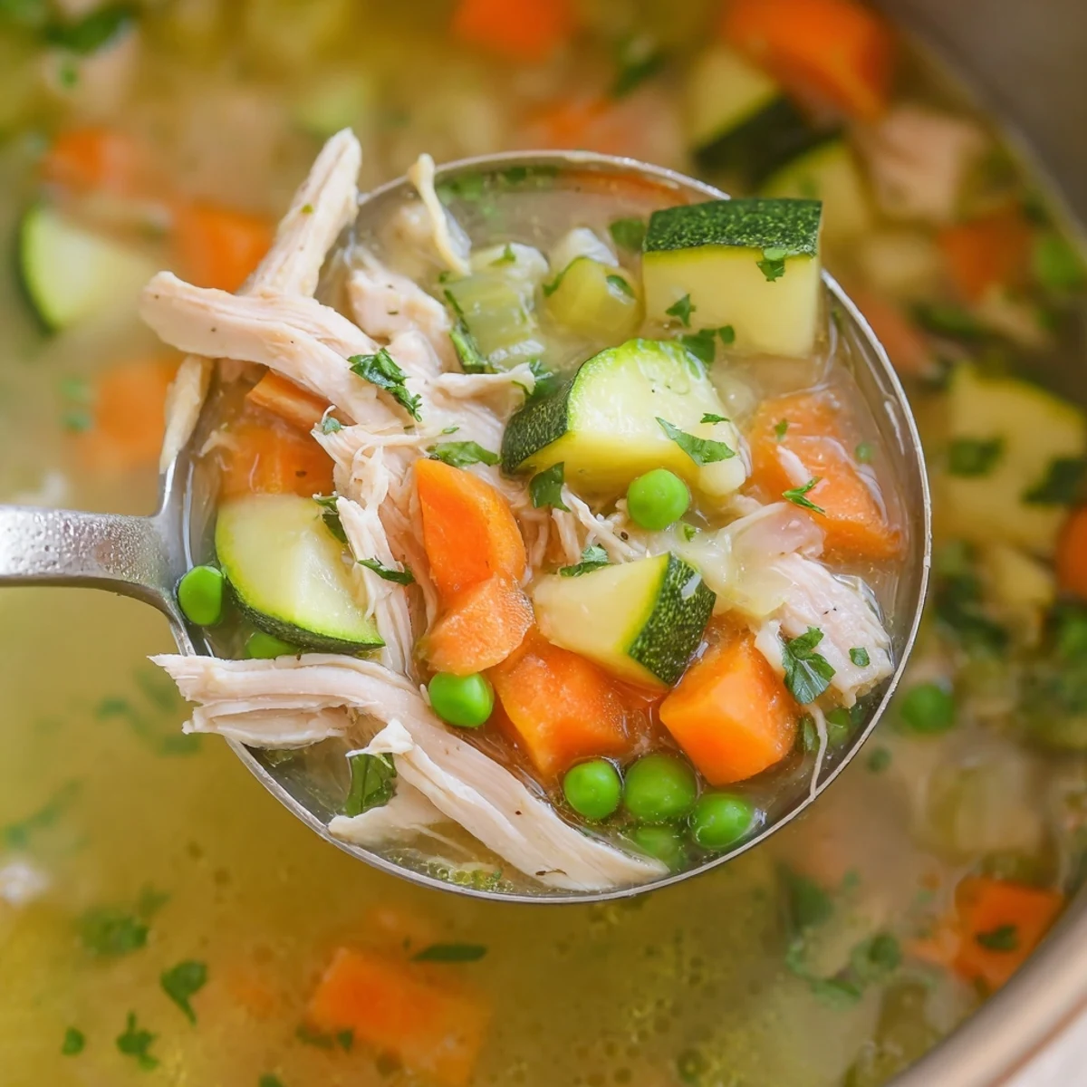 Clear bowl of Spring Garden Chicken Soup with tender shredded chicken, carrots, zucchini, and fresh parsley garnish.