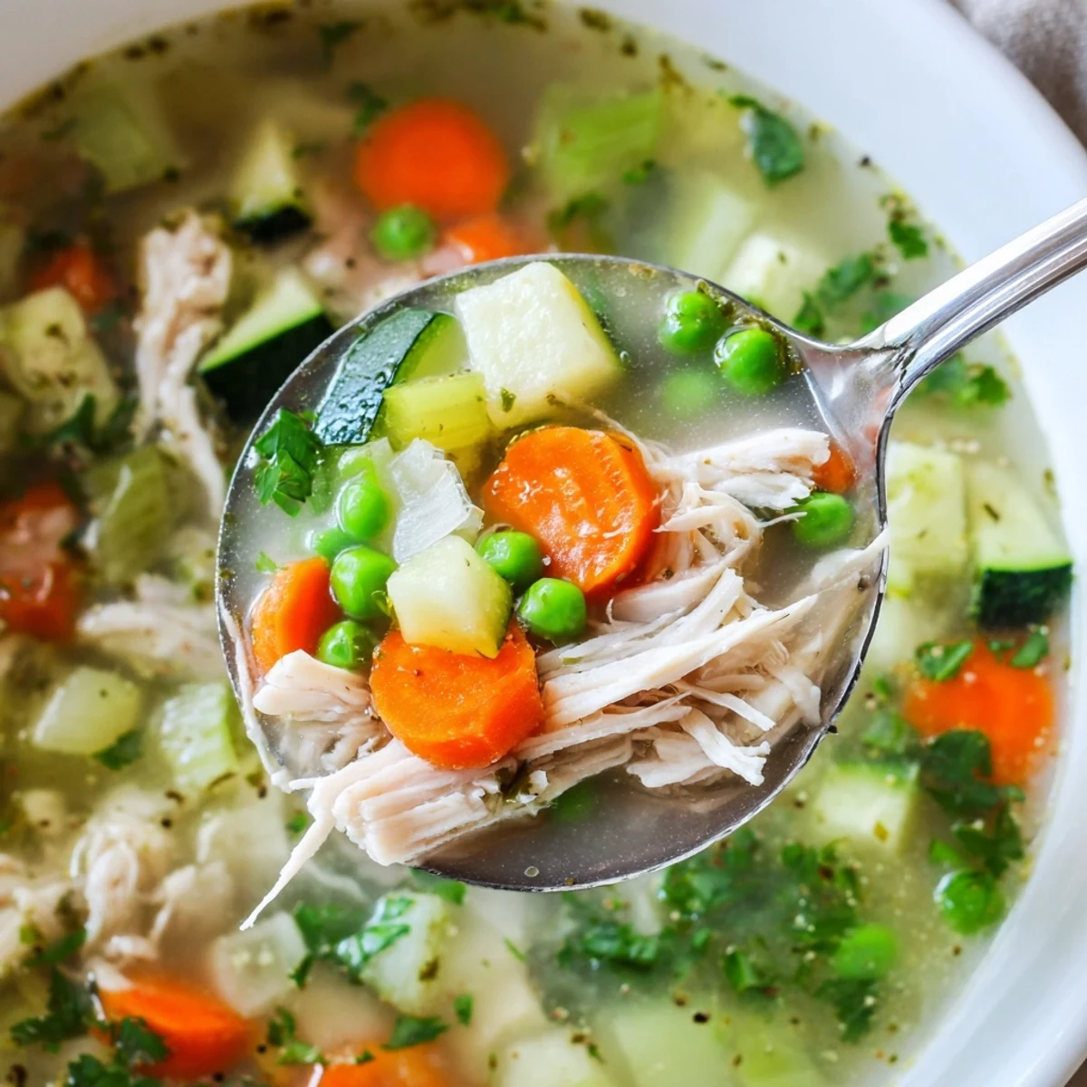 Spring Garden Chicken Soup steaming in a rustic pot, brimming with peas, celery, and herbs for a comforting bowl.