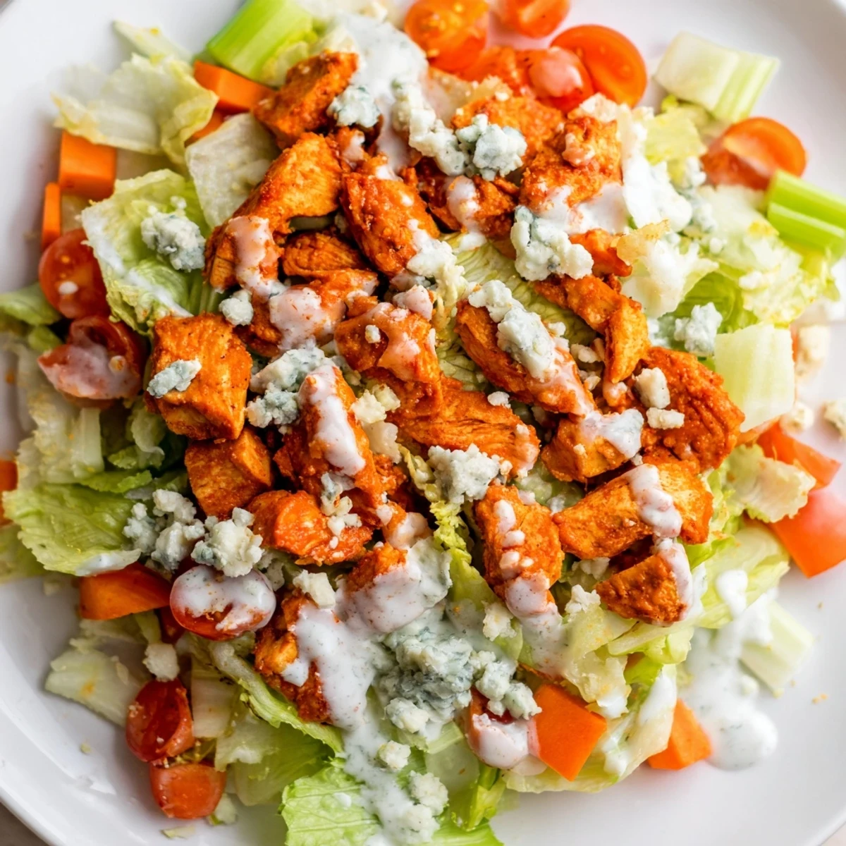 A hearty bowl of Buffalo Chicken Chopped Salad showcasing chopped veggies, juicy buffalo chicken strips, and a drizzle of cool ranch dressing.