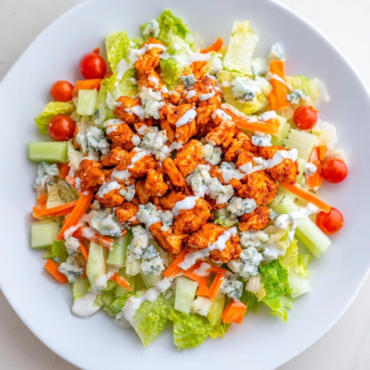 Freshly prepared Buffalo Chicken Chopped Salad with colorful shredded carrots, red onion, and cherry tomatoes, perfect for a quick and zesty lunch.