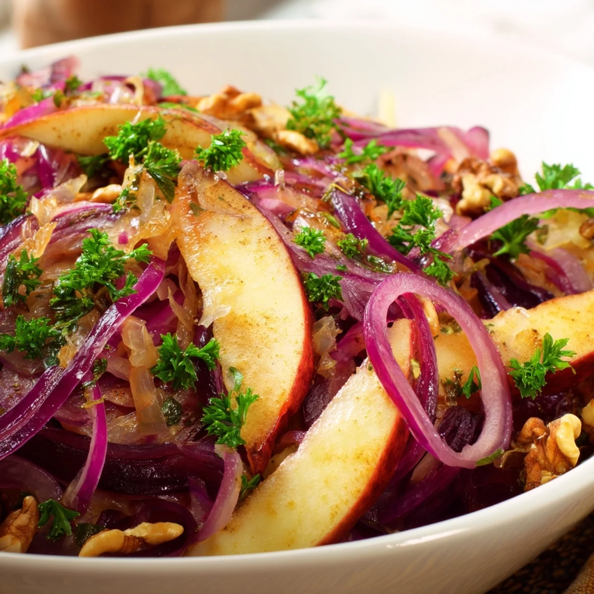 Warm Apple and Sauerkraut Skillet Salad topped with nuts and herbs, ready to serve.