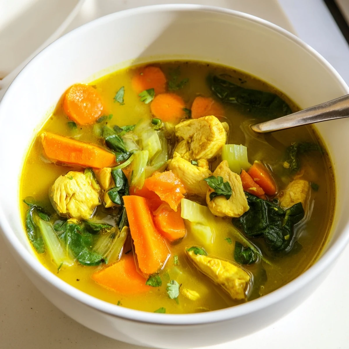 A close-up of golden turmeric chicken soup in a rustic bowl, topped with fresh parsley and a lemon wedge.