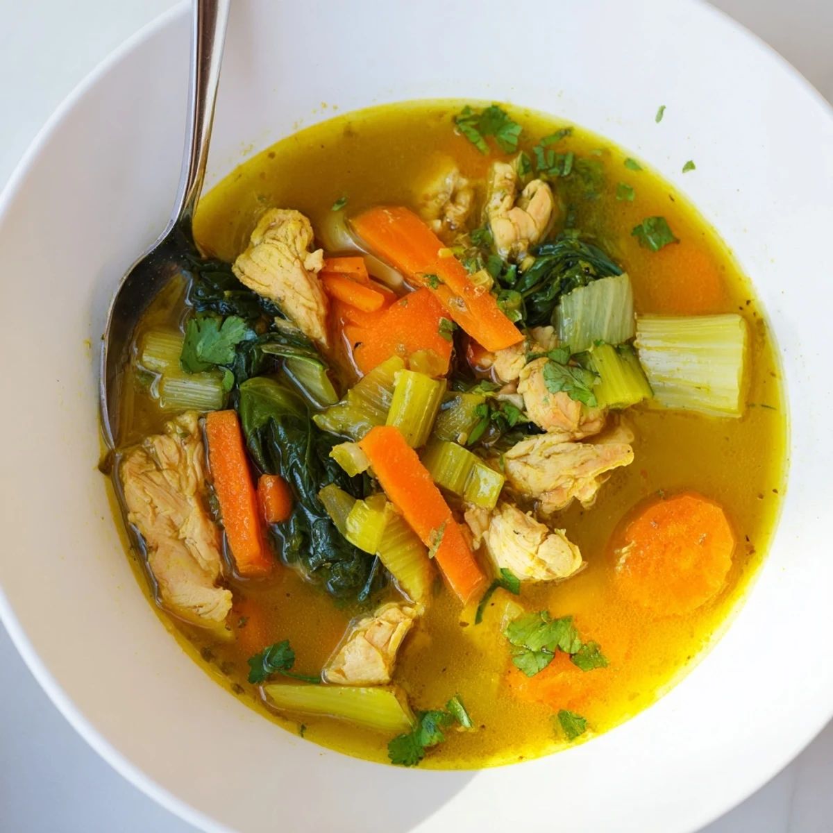 Hearty turmeric chicken soup simmering in a pot with carrots, celery, and tender chicken pieces visible.