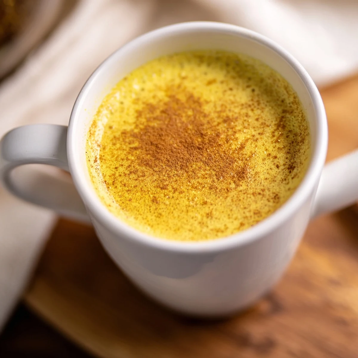 A close-up of golden milk in a ceramic mug shows its creamy, spice-speckled surface and aromatic steam rising.