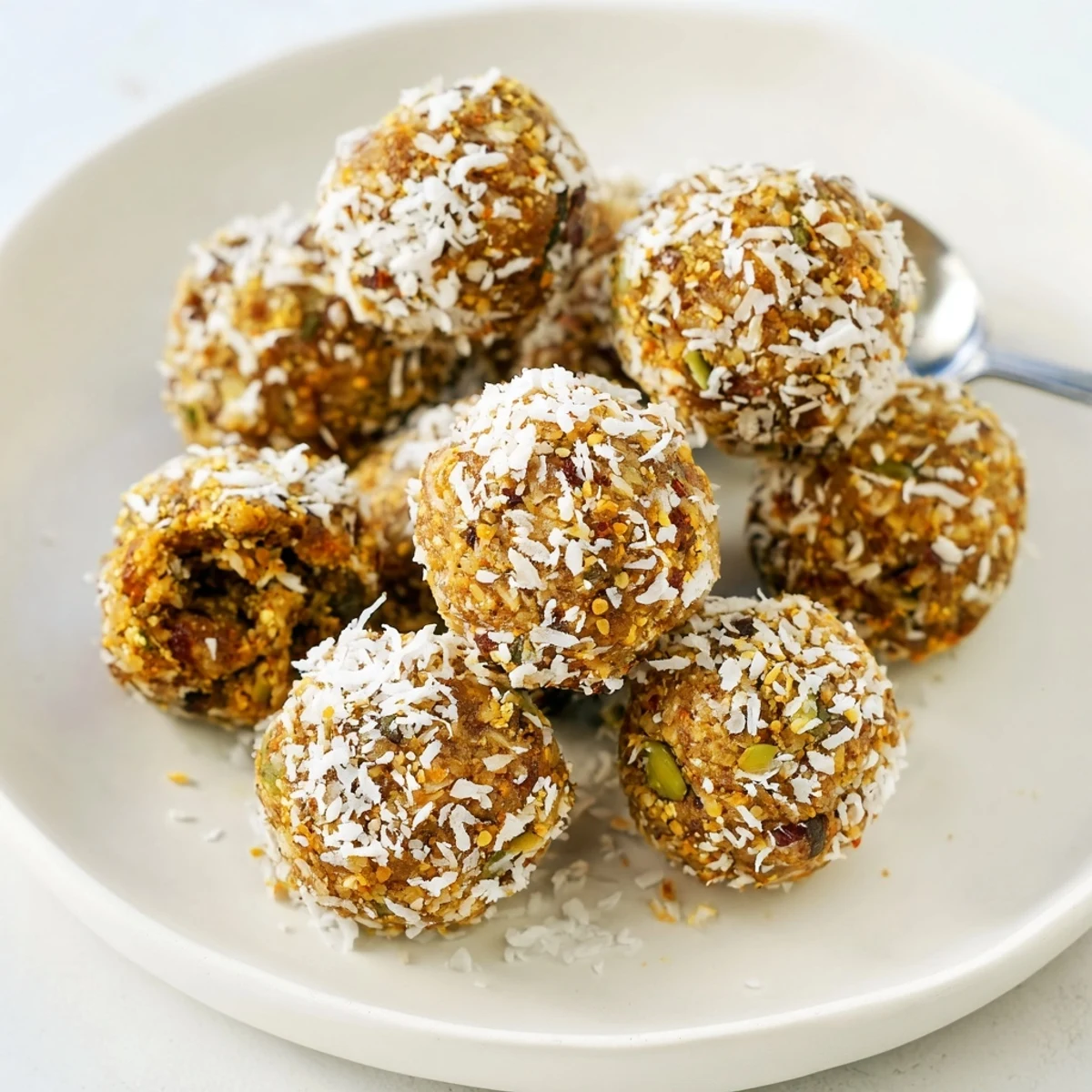 Ginger Turmeric Energy Balls glistening with shredded coconut, perfect for an energizing, no-bake snack.