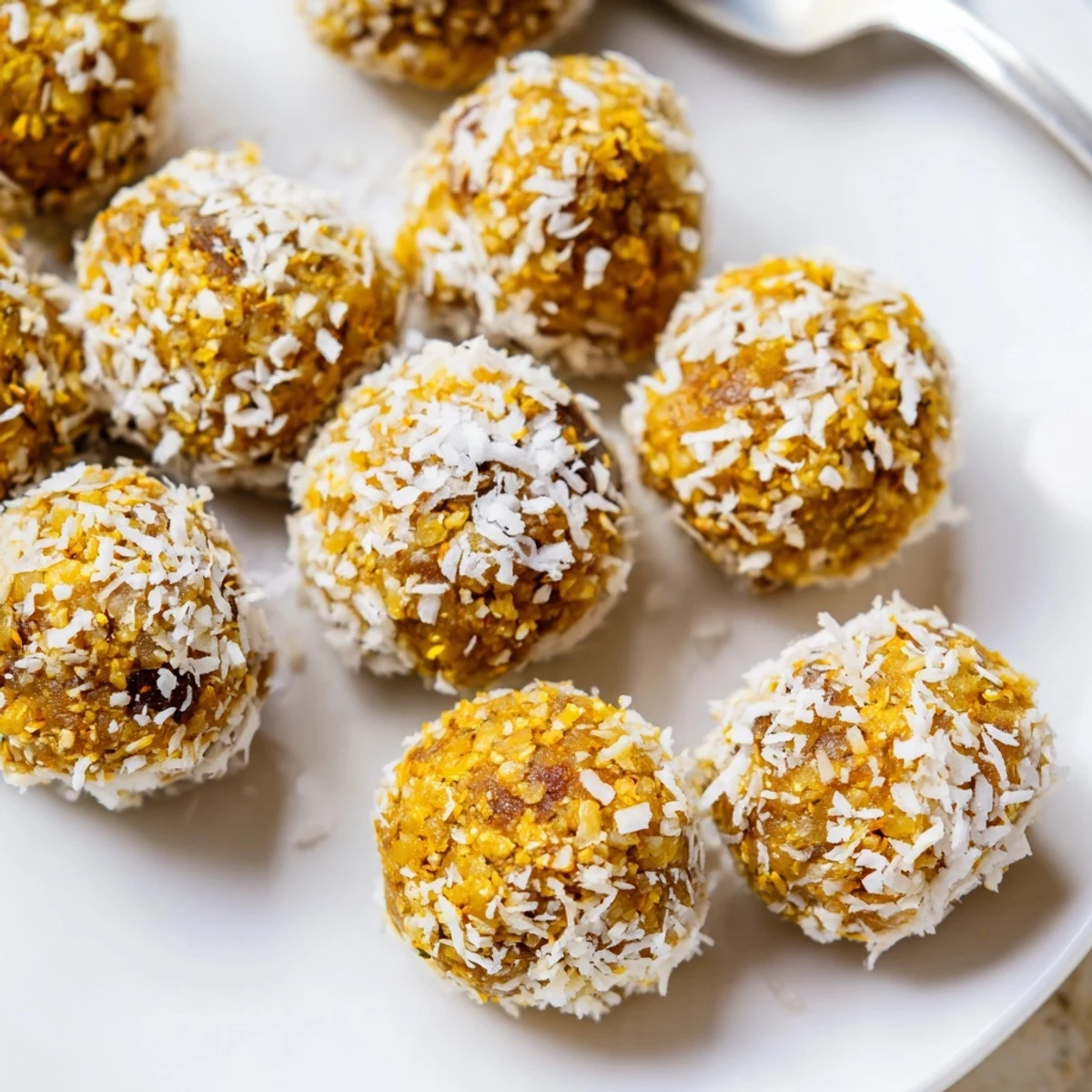 A close-up of vibrant Ginger Turmeric Energy balls, made with oats and dates.