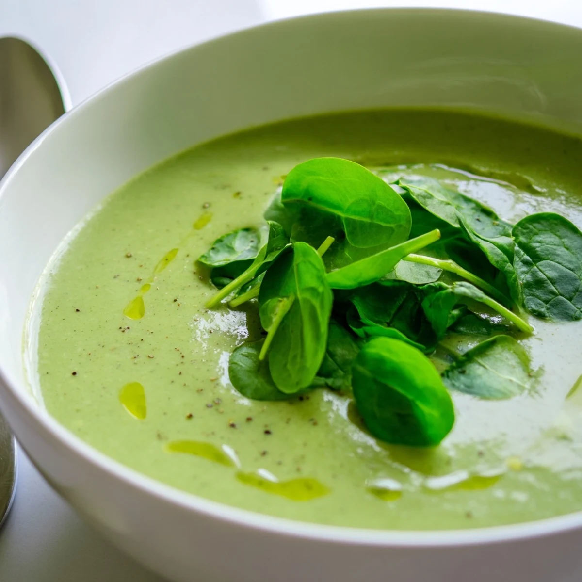Vibrant green Big Green Immunity-Boosting Vegetable Soup in a rustic bowl, garnished with fresh spinach and a swirl of cashew cream for a nourishing, vegan meal.  