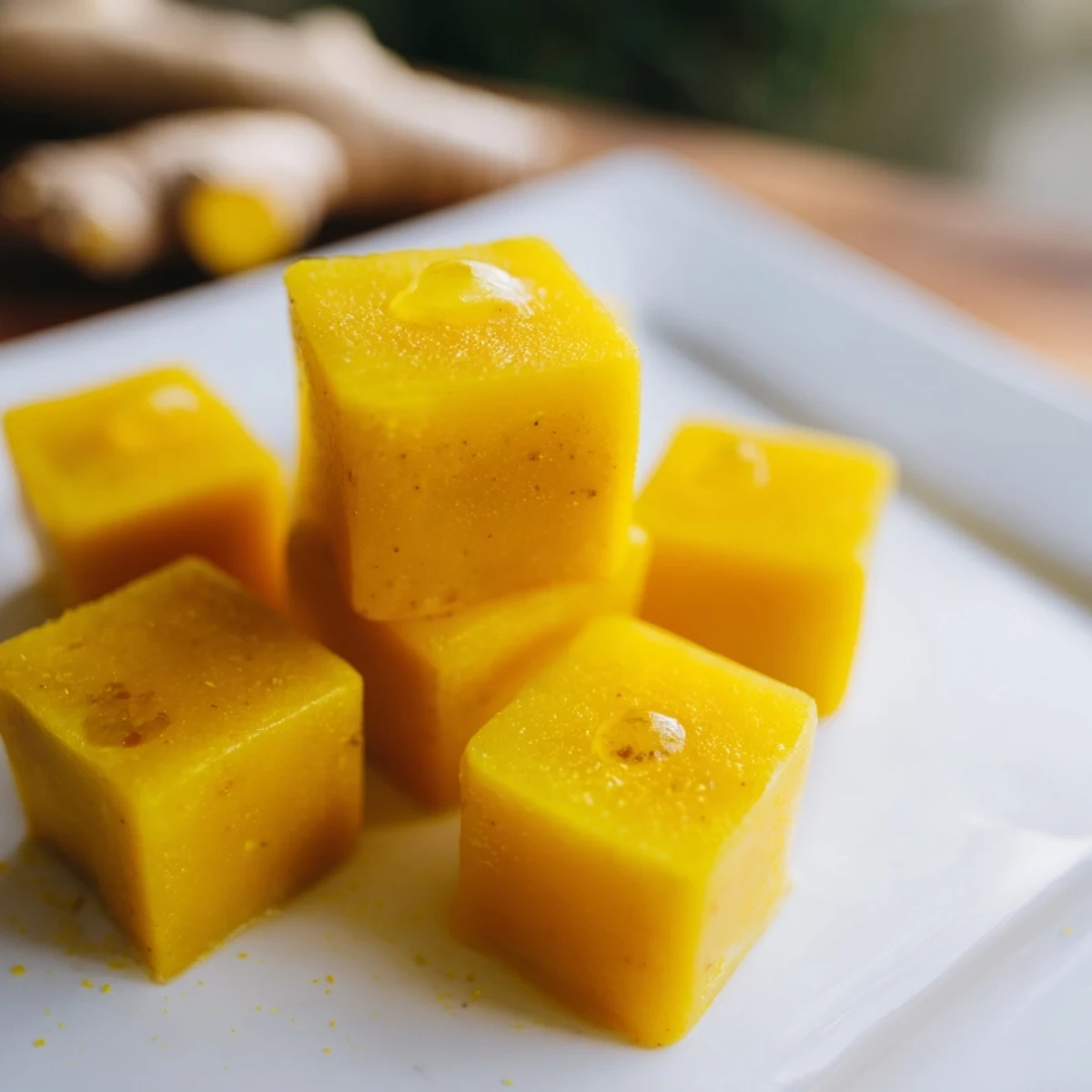 An overhead shot captures the golden Lemon Ginger Turmeric Wellness Cubes stored in a clear glass jar, surrounded by fresh lemon slices and ginger root for a rustic kitchen scene.