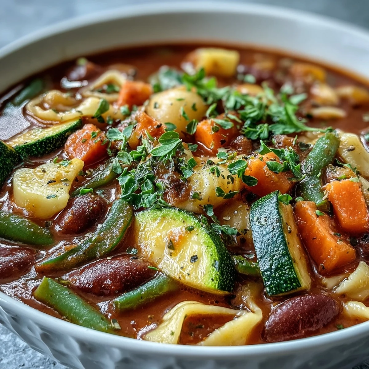 Hearty Minestrone Soup with tender pasta, creamy beans, and fresh spinach in a rich tomato broth.