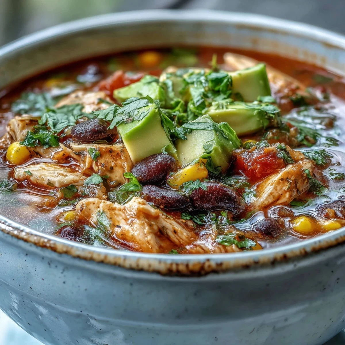 Bubbling Tex-Mex Southwestern Turkey Soup topped with avocado, tortilla chips, and cilantro.