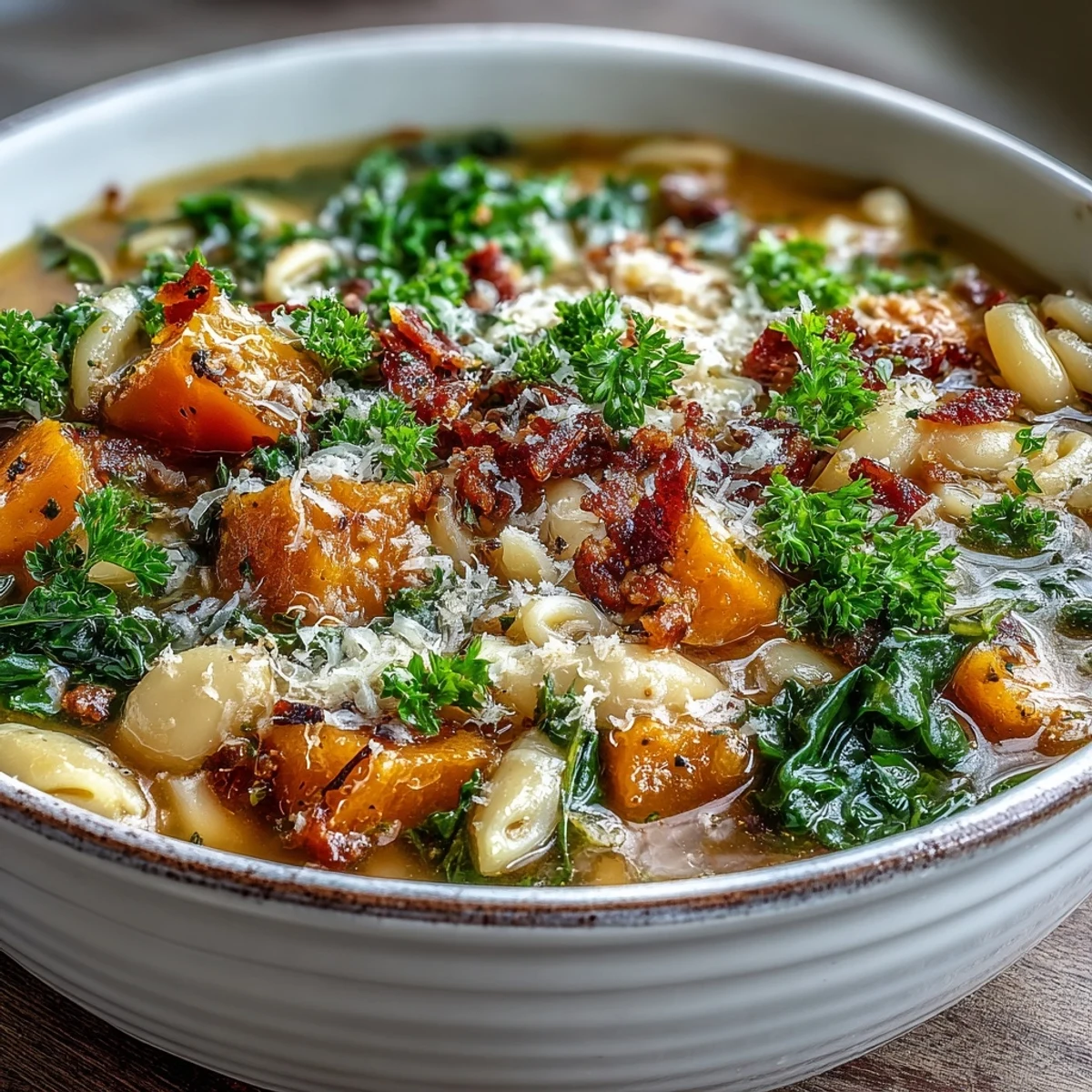 Steamy bowl of Fall Minestrone garnished with pancetta, Parmesan, and fresh parsley. Hearty Italian-American soup perfect for chilly autumn evenings. 
