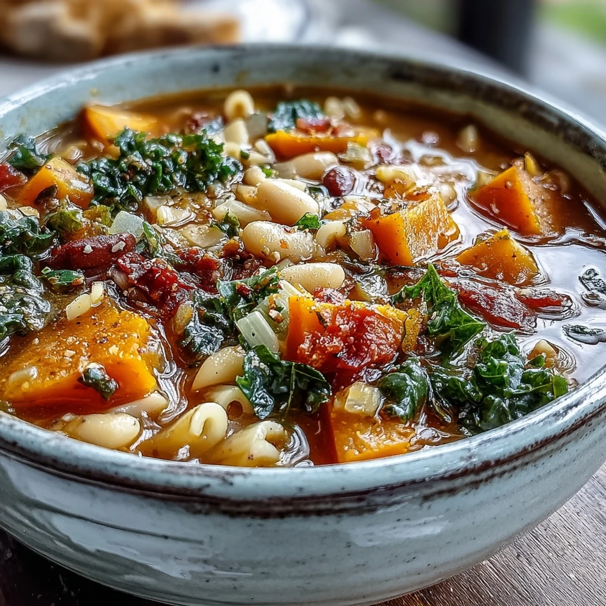 Hearty Winter Minestrone Soup with butternut squash and kale simmering in a tomato broth with beans and pasta.