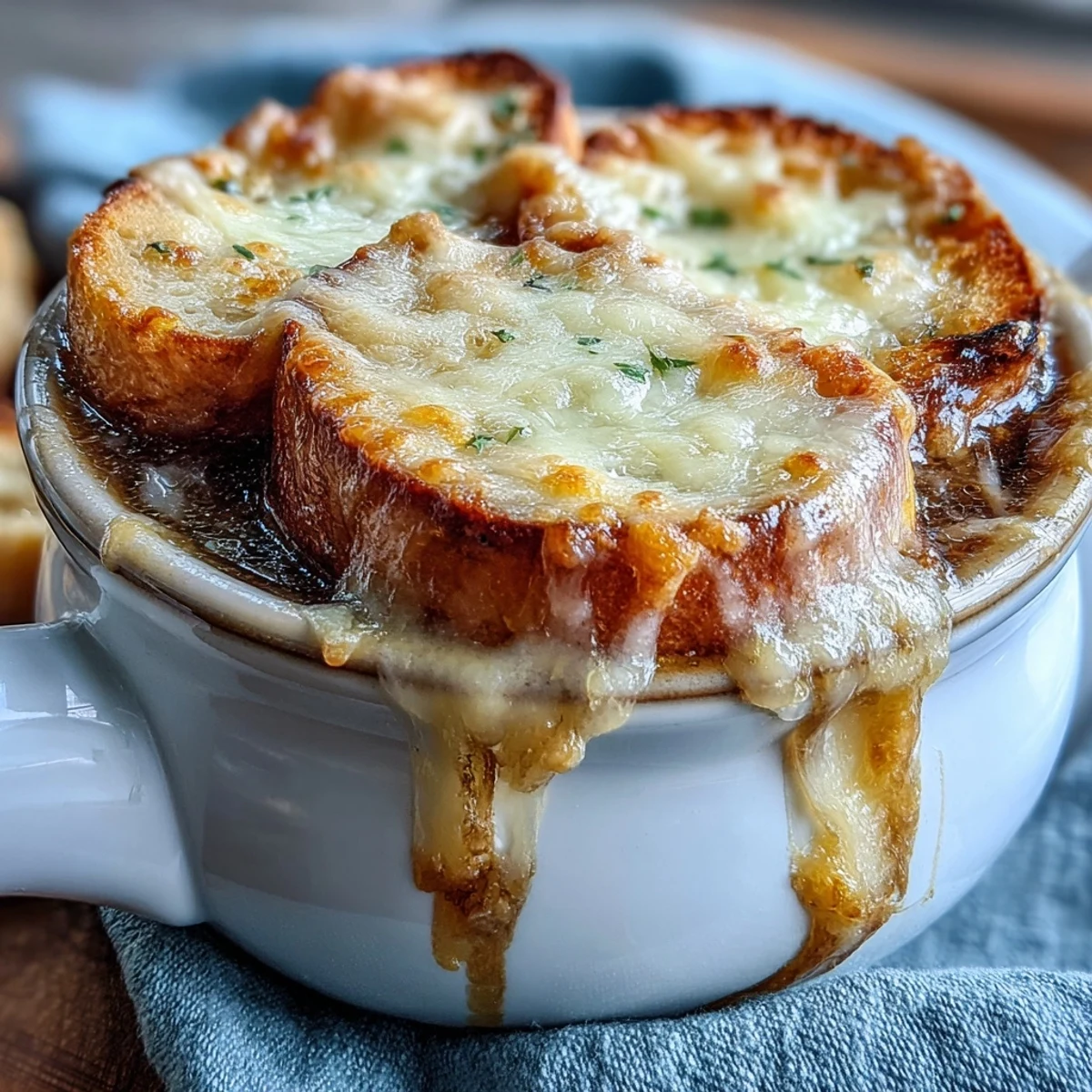 Steaming Dutch Oven French Onion Soup with deeply caramelized onions and melted Gruyère cheese.