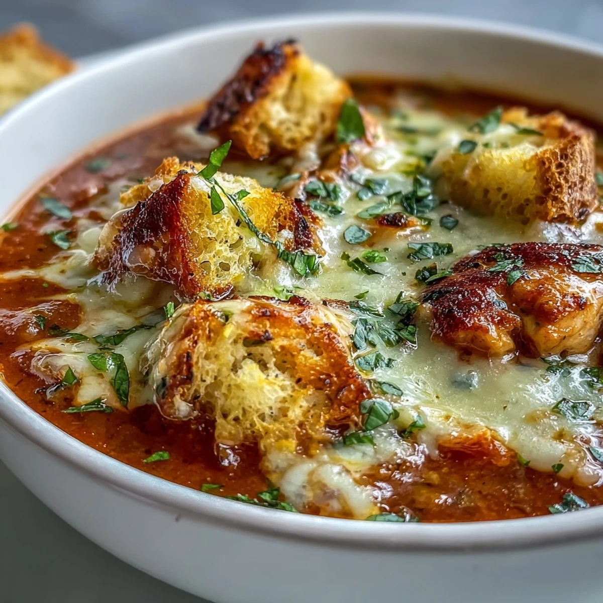 A bowl of hearty Grilled Chicken Parmesan Soup garnished with fresh basil and melted cheese.