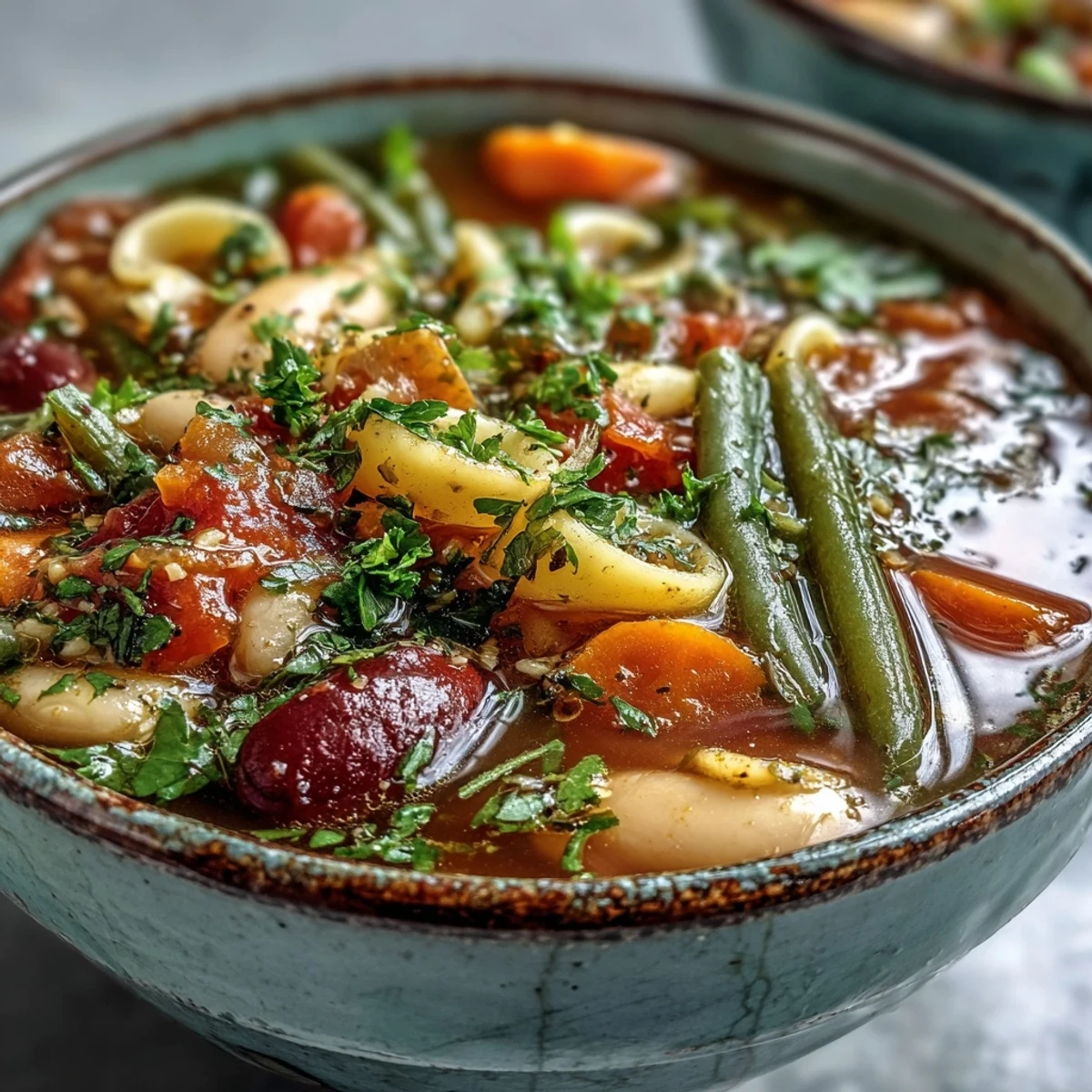 Hearty Minestrone Soup steaming in a white bowl, loaded with pasta, beans, and colorful vegetables.