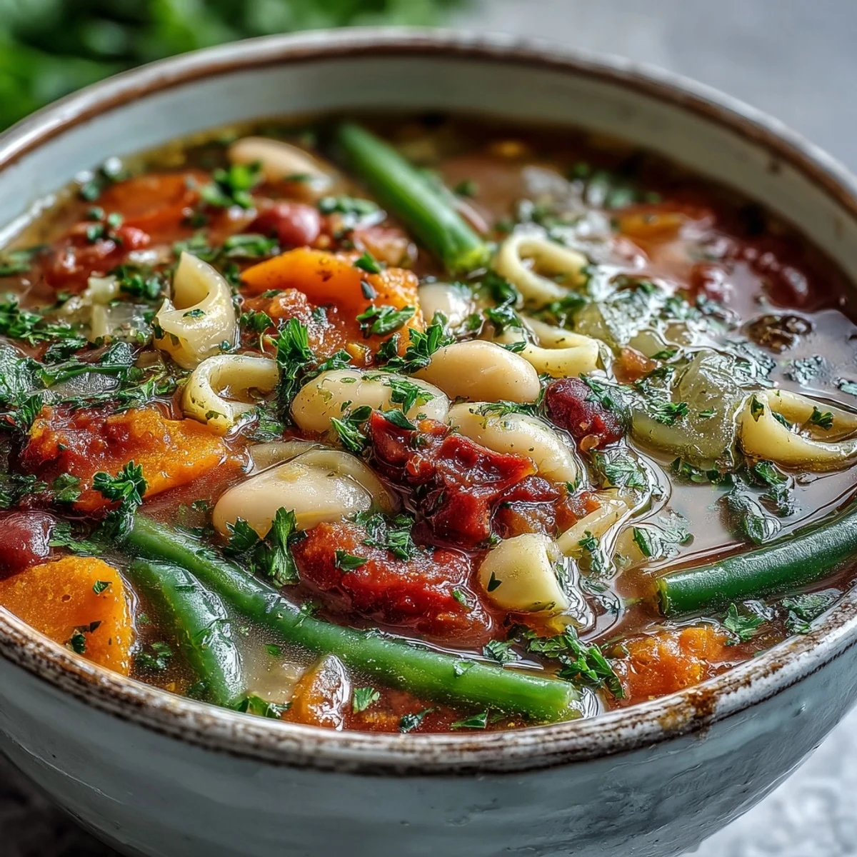 Colorful Minestrone Soup in a rustic pot, showing fresh spinach, carrots, and beans in broth.