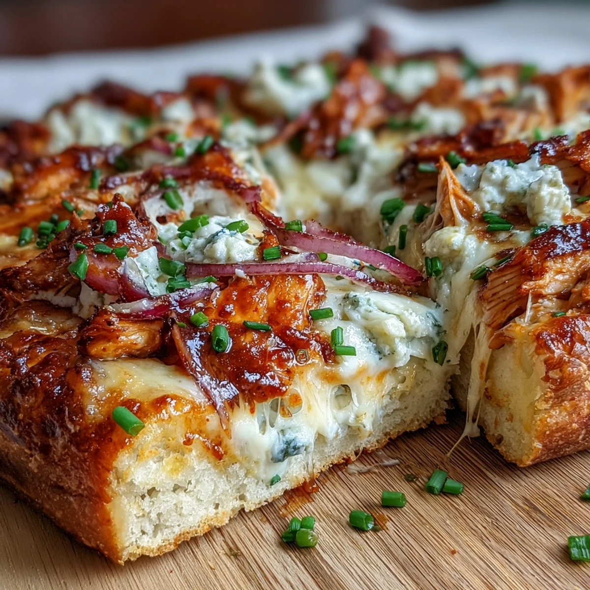 Close-up of a Buffalo Chicken Pizza showcasing spicy buffalo chicken, blue cheese crumbles, and a golden, crispy crust ready to slice.