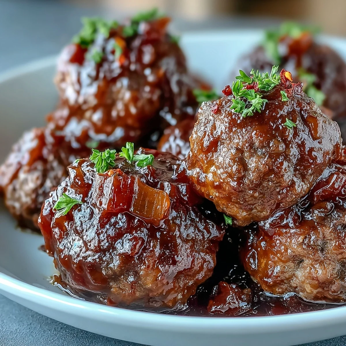 Slow cooker peach glazed meatballs simmering in a sweet, tangy red sauce, garnished with fresh parsley for a party appetizer.