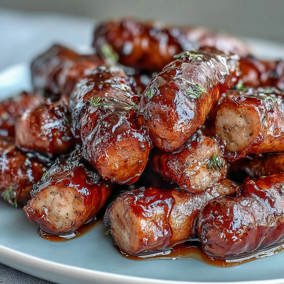 Steaming Crock Pot BBQ Cocktail Sausages in rich barbecue sauce, garnished with fresh parsley on a platter for family gatherings.