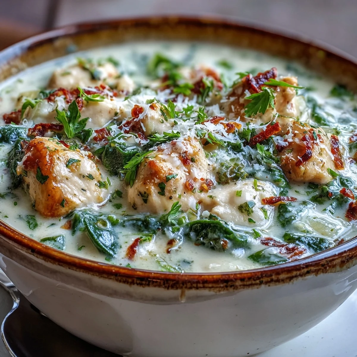 Creamy garlic paresan chicken soup with tender chicken pieces swimming in a velvety, golden broth garnished with fresh parsley.