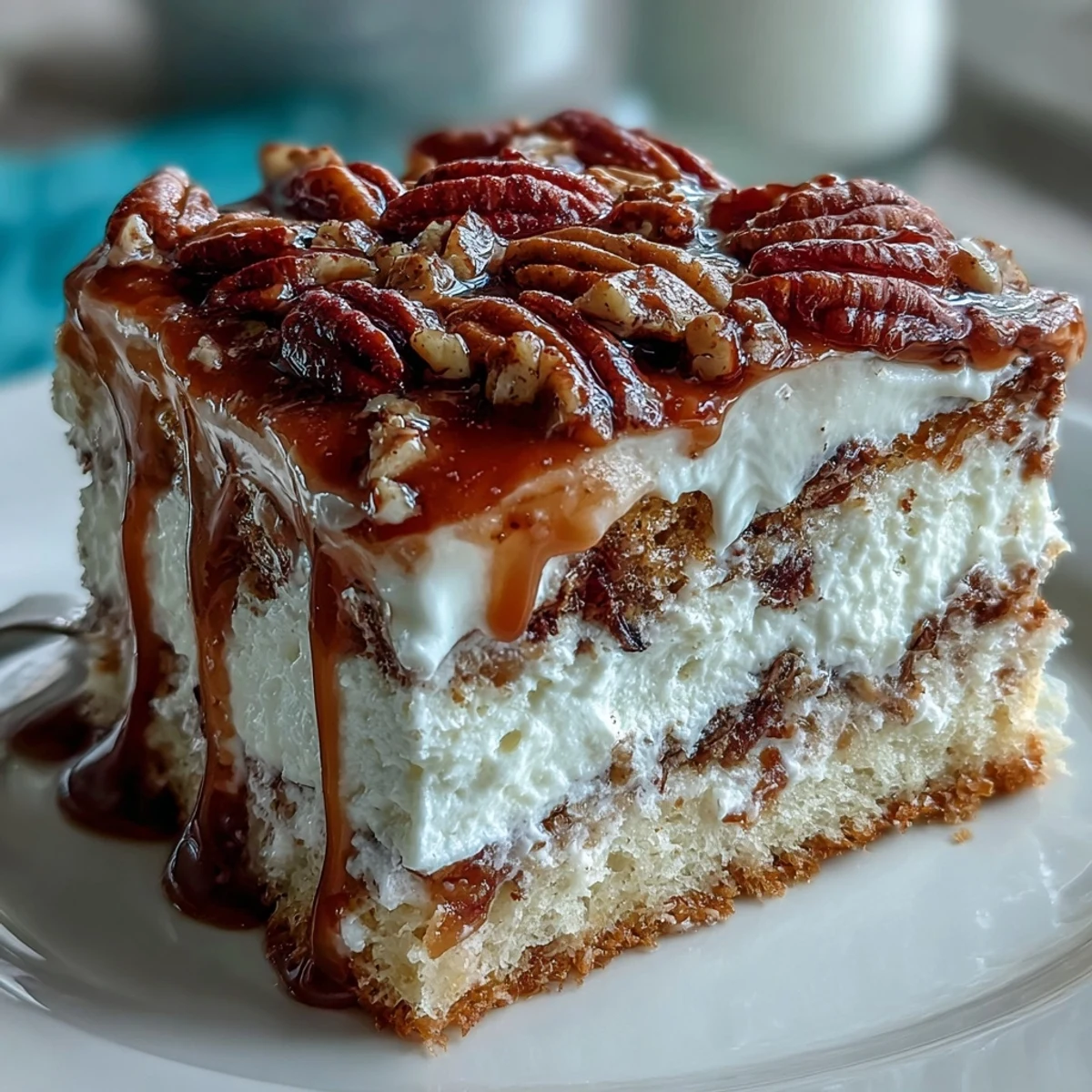 Butter Pecan Tres Leches Cake features moist, milk-soaked layers topped with a buttery pecan crunch and fluffy whipped cream.