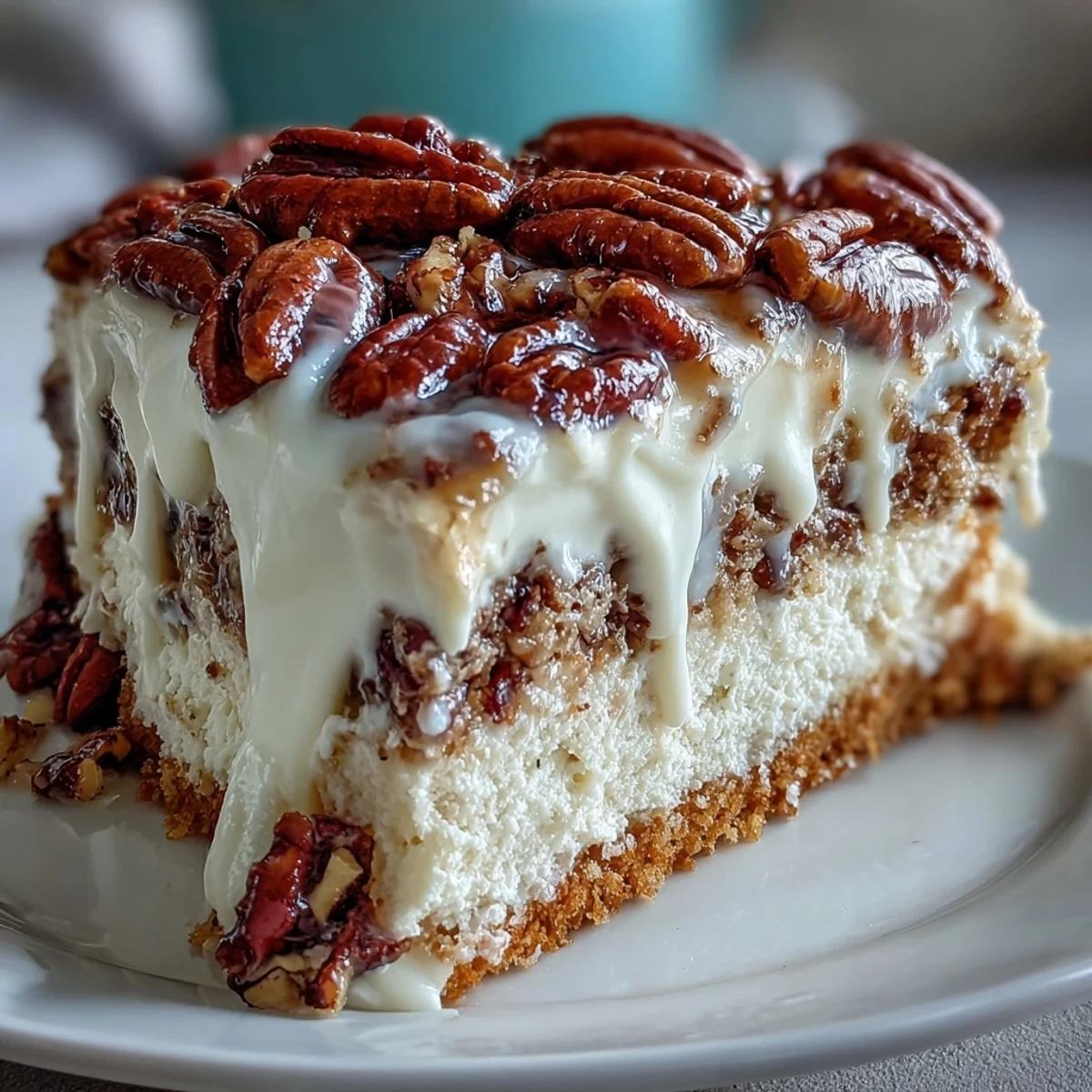 Slice of Butter Pecan Tres Leches Cake reveals tender crumb soaked in sweet milk and a rich, nutty topping.