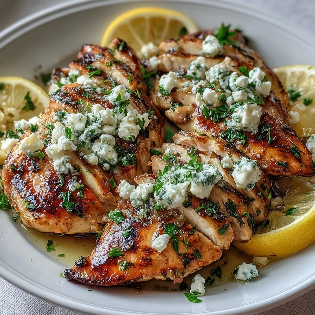 Juicy Greek Chicken with Lemon and Feta, pan-seared and garnished with fresh parsley and lemon wedges on a plate.