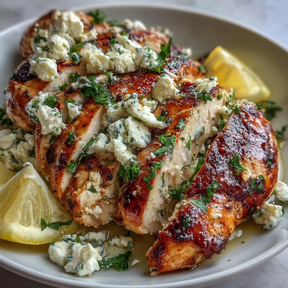 Sliced Greek Chicken with Lemon and Feta served over a bed of fluffy rice, drizzled with olive oil.