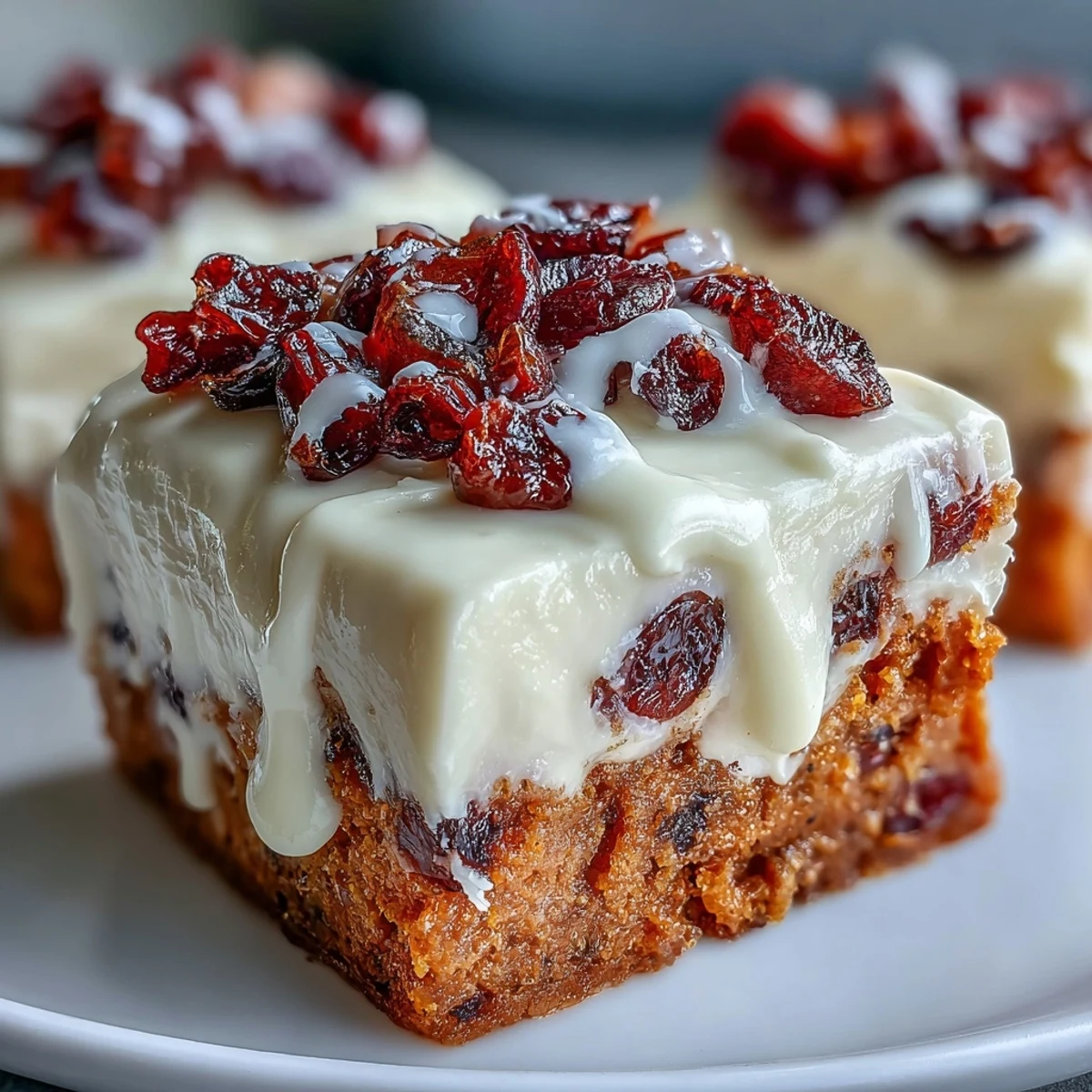 A close-up of freshly baked Cranberry Bliss Bars, showing creamy frosting and red cranberry bits on a festive platter.  