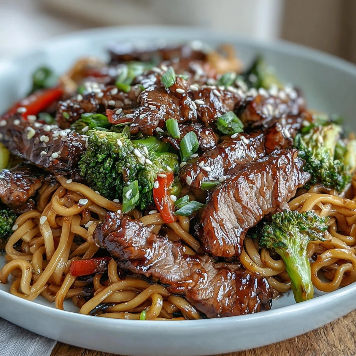 Steaming Korean Beef Noodles with tender flank steak, crisp vegetables, and silky rice noodles in a glossy soy sauce.  