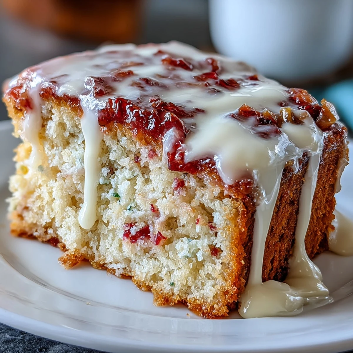 A moist slice of Heavenly Blood Orange Yogurt Cake reveals a tender crumb, drizzled with bright citrus icing on a rustic wooden table.