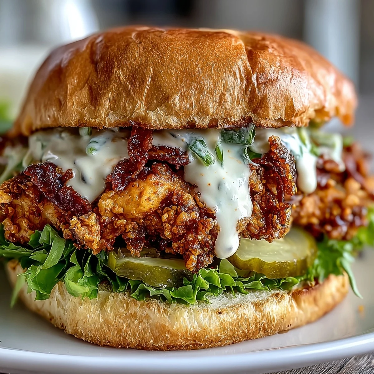 Golden-brown, spicy fried chicken breast nestled in a toasted brioche bun with crisp lettuce, tangy pickles, and a creamy homemade sauce.  