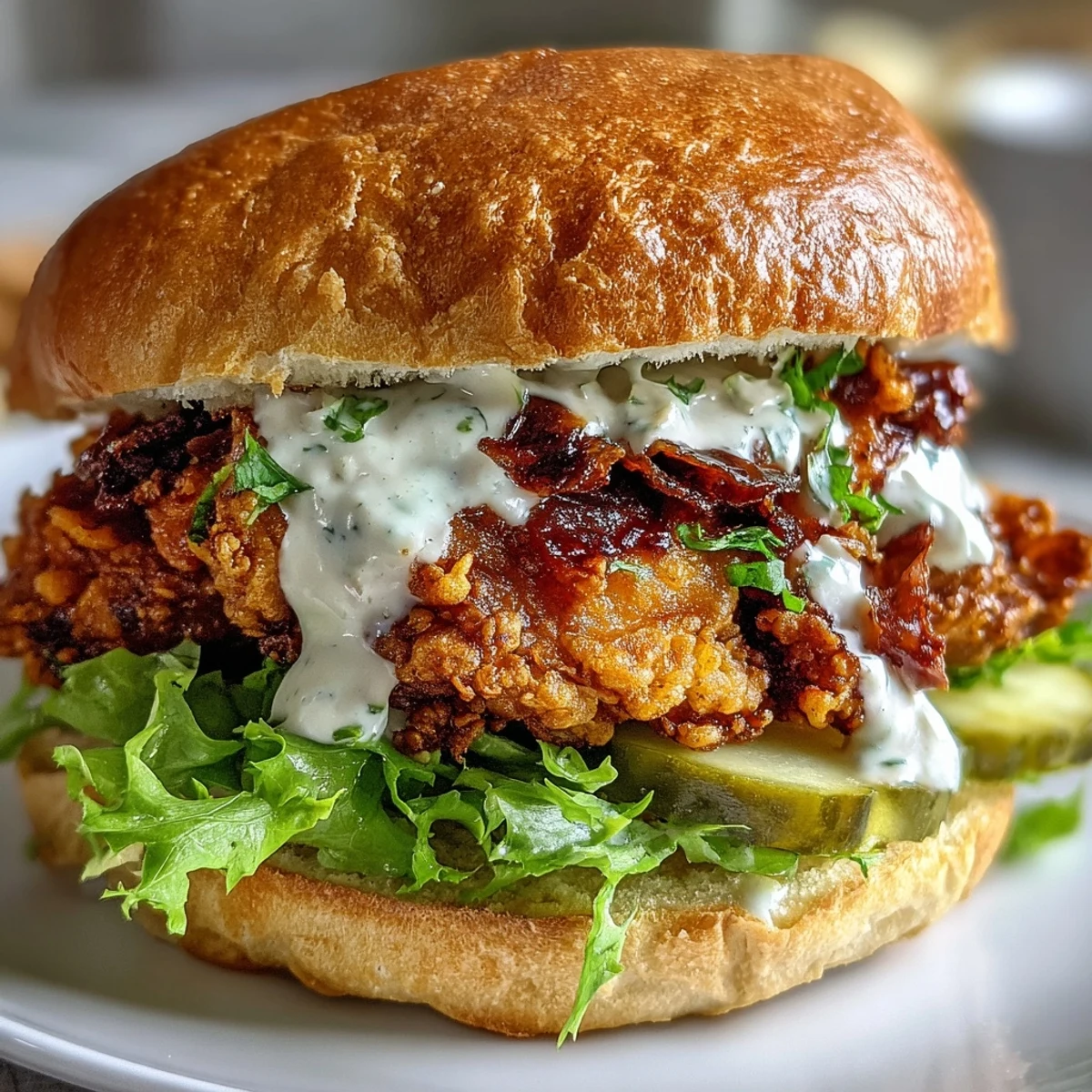 A close-up of a crispy Spicy Chicken Sandwich, showcasing the juicy chicken and luscious sauce drizzling down the side.  