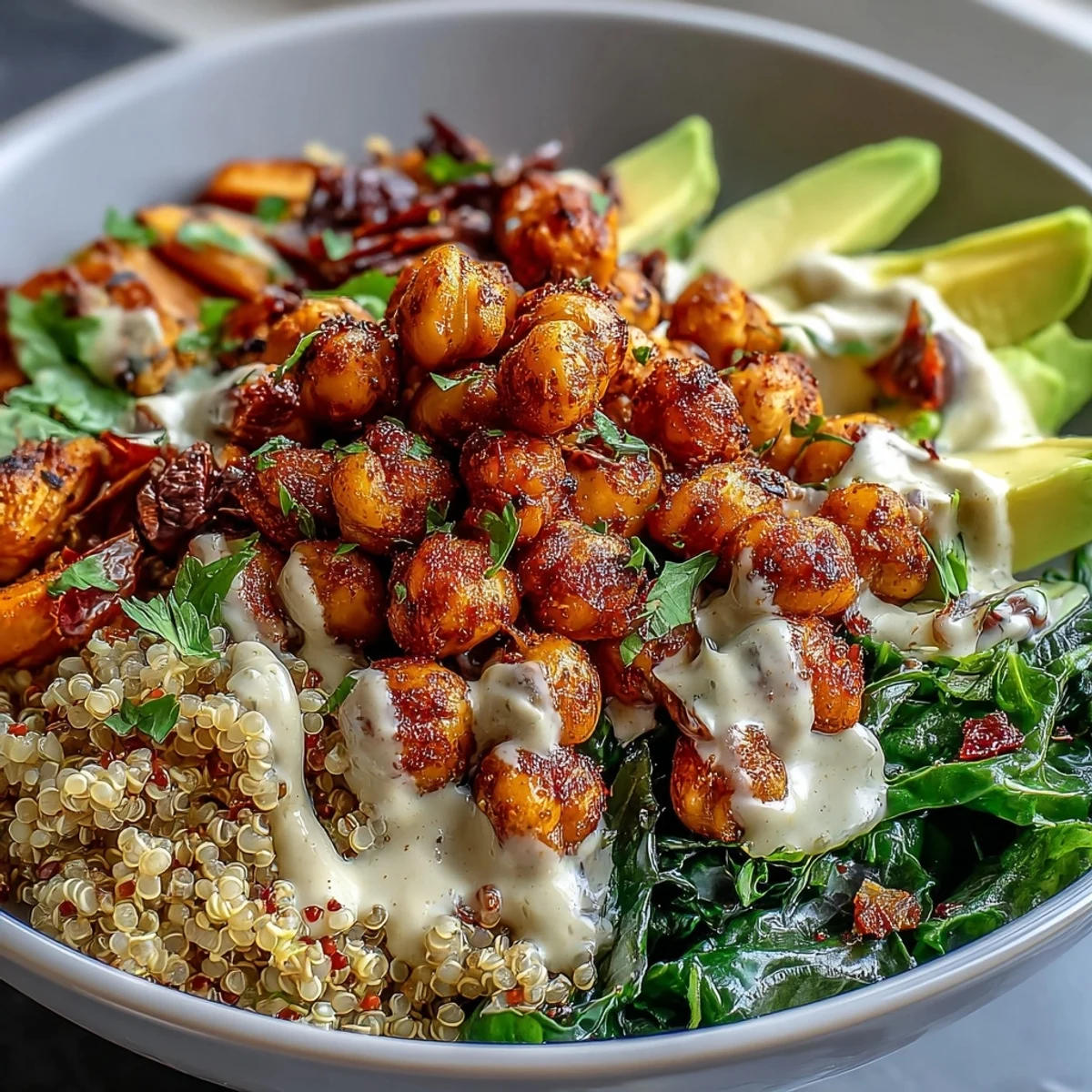 Roasted Chickpea Power Bowl in a rustic bowl, featuring crispy chickpeas, roasted sweet potatoes, and red peppers on a bed of quinoa.
