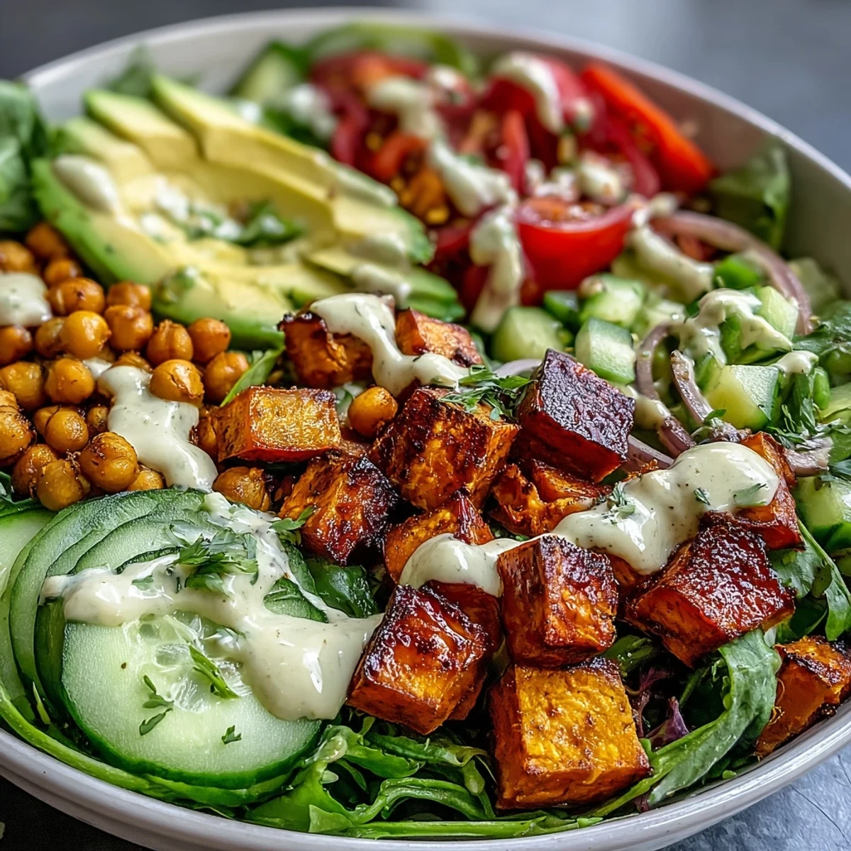Warm roasted chickpeas add crispy texture to this nourishing Breakfast Buddha Bowl, served with fresh cucumber, tomatoes, and shredded carrots.