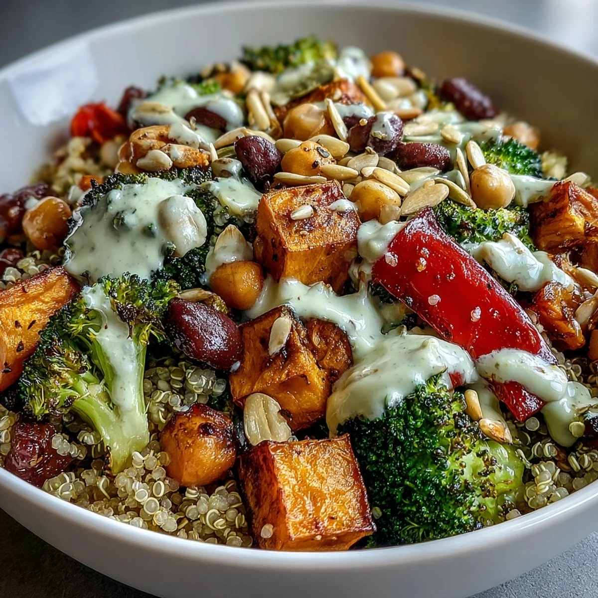 A colorful vegan power bowl with quinoa, black beans, chickpeas, and crunchy roasted veggies for meal prep.