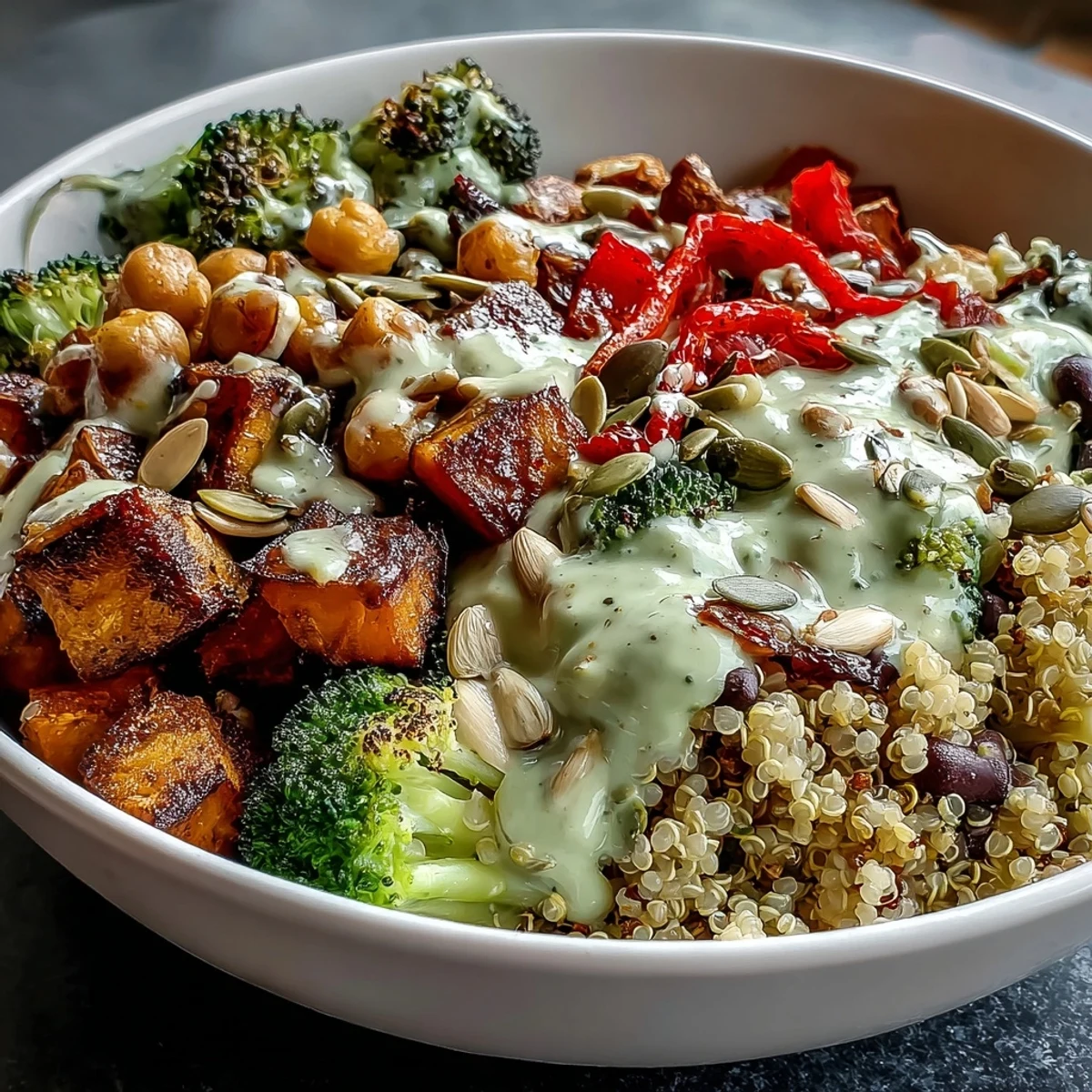 Healthy Meal Prep Week-Long Power Bowl featuring crisp greens, seeds, and a zesty lemon tahini drizzle.