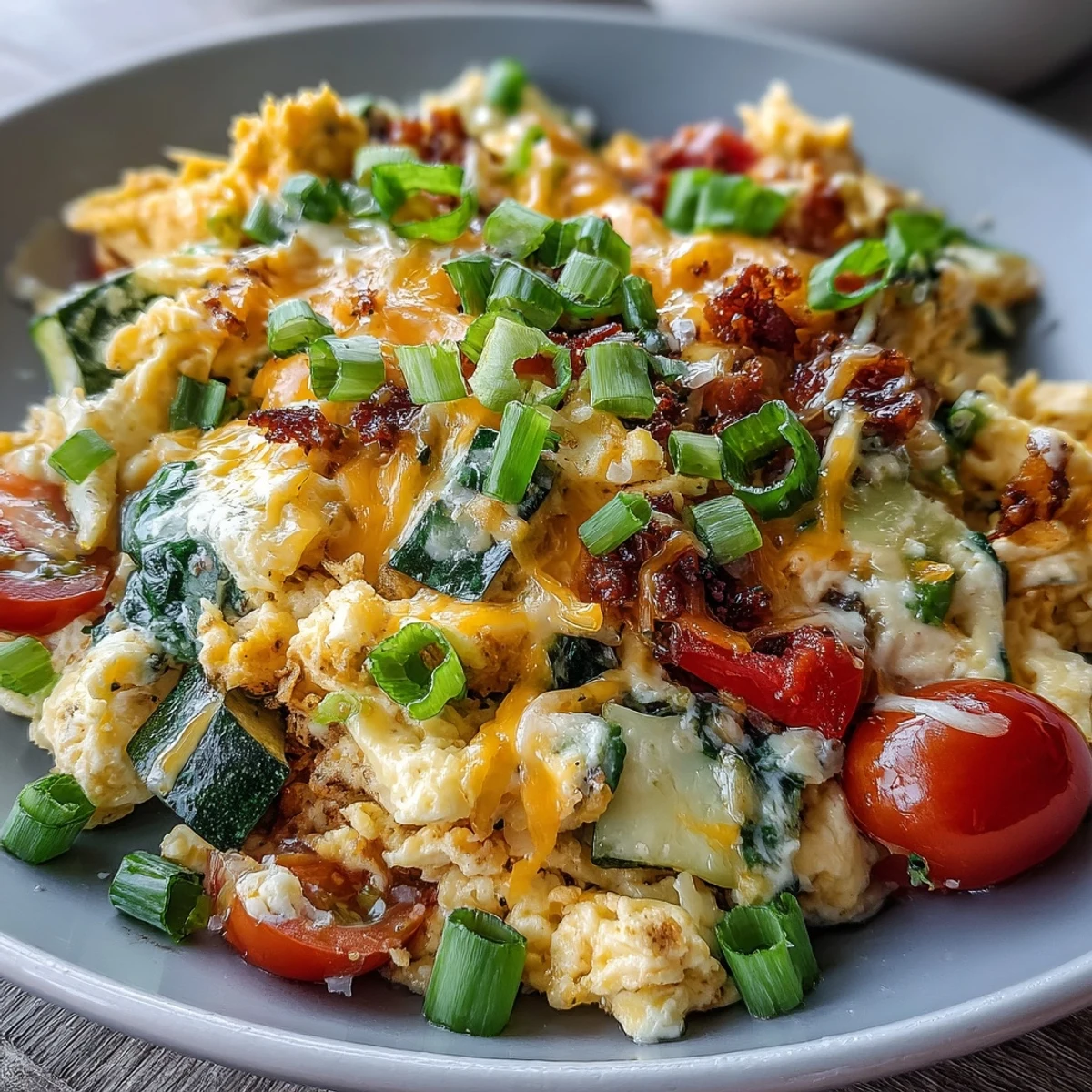Fluffy scrambled eggs and vibrant sautéed vegetables topped with melted cheese in a hearty Scrambled Egg and Veggie Bowl.